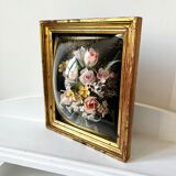 Old frame curved glass square dried flowers and fabric