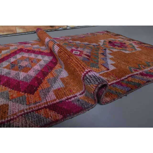 1970s Turkish Handmade Orange Diamond Wool Runner Rug 87x325