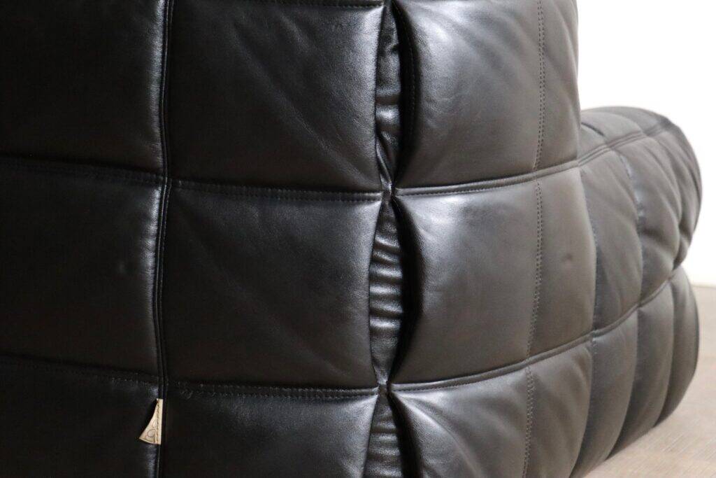 Kashima three seater sofa in black leather by Michel Ducaroy for Ligne Roset, 1970s