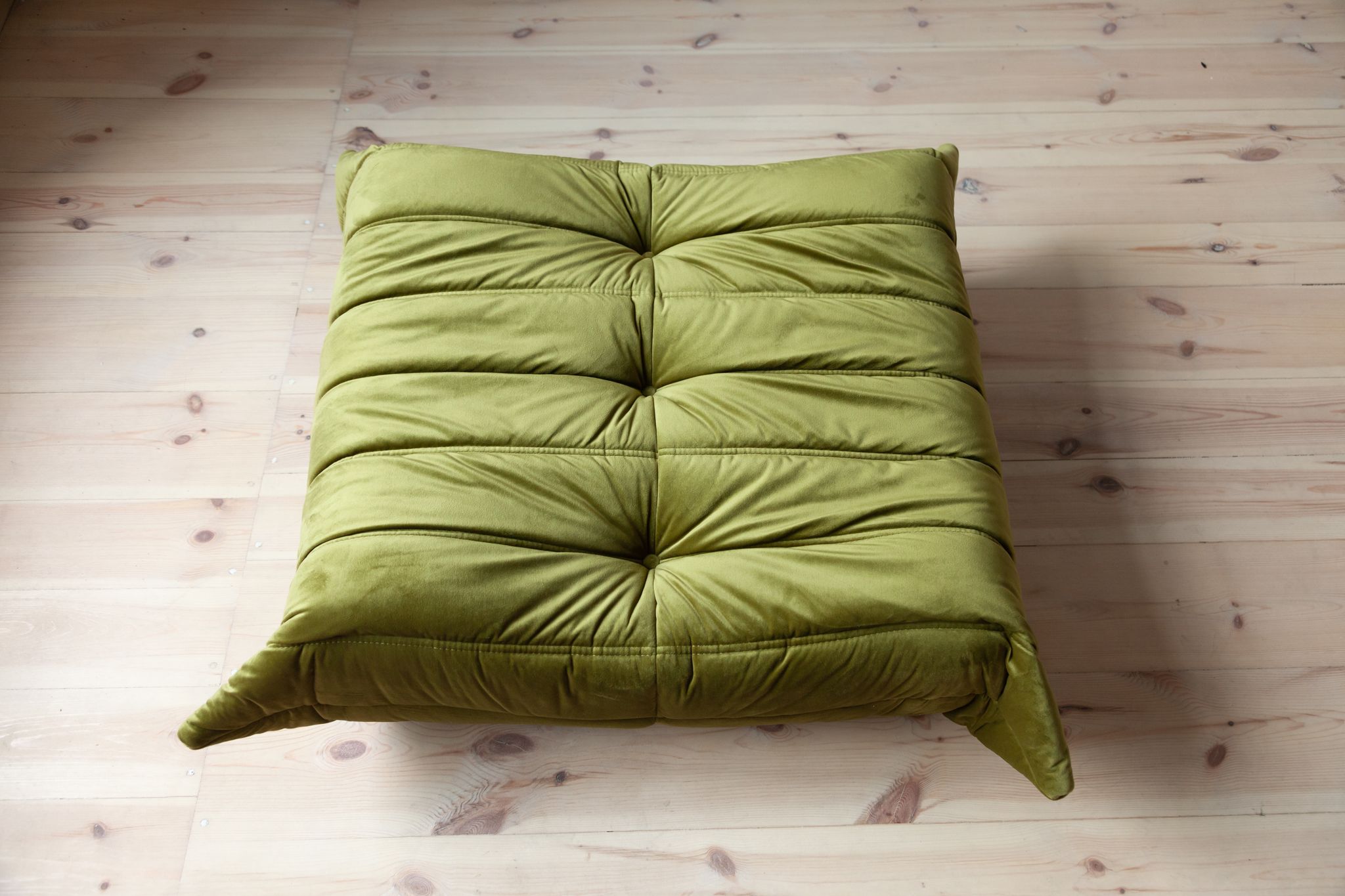 Armchair and pouffe Togo in green olive velvet model designed by Michel Ducaroy 1973