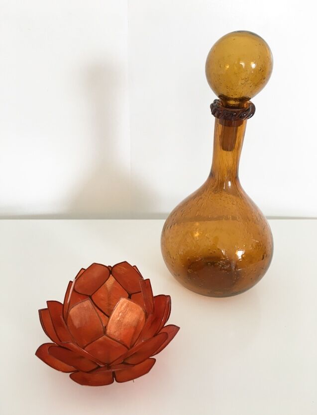 Biot blown glass amber bottle