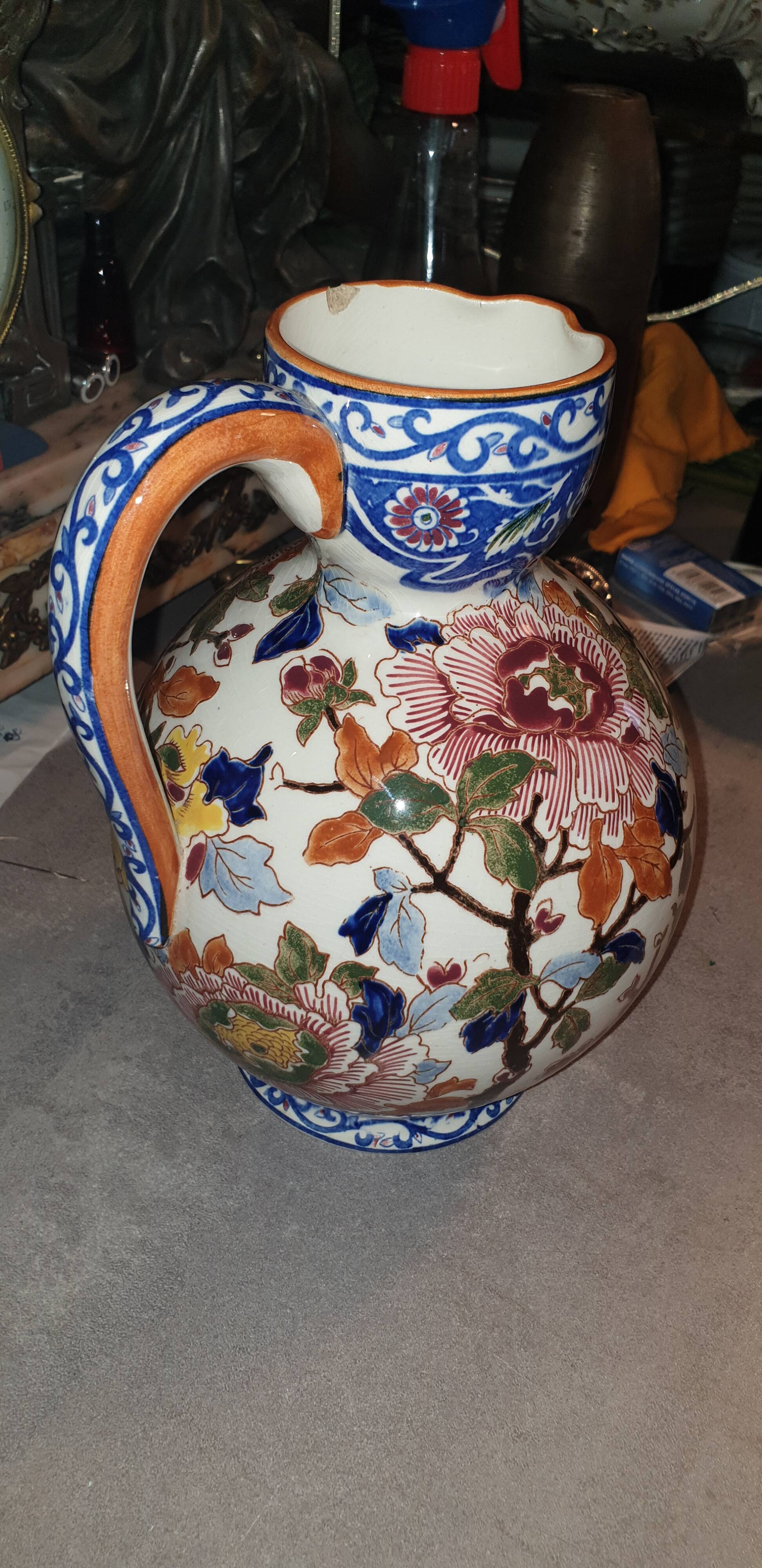 Gien earthenware pitcher peony decor.