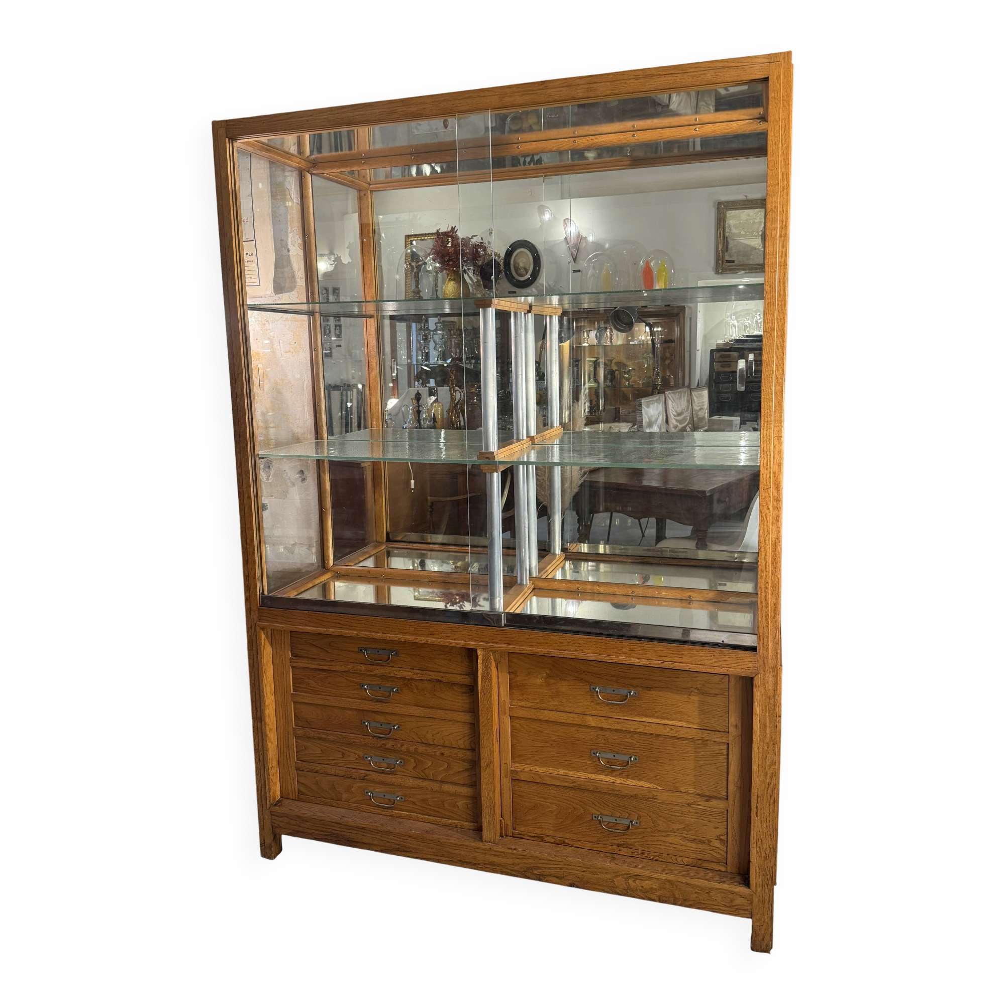 Large antique oak shop display cabinet