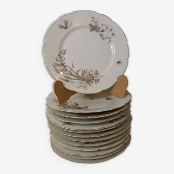 Lot de 13 assiettes plates à décor de fleurs et papillons, porcelaine de Limoges, Haviland vintage