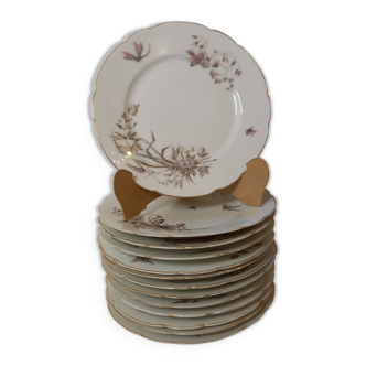 Set of 13 flat plates decorated with flowers and butterflies, Limoges porcelain, vintage Haviland