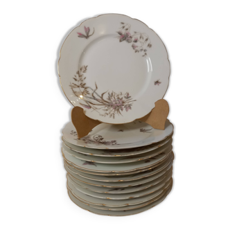 Lot de 13 assiettes plates à décor de fleurs et papillons, porcelaine de Limoges, Haviland vintage