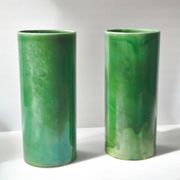Pair of vintage 1950 rolled vases green ceramic signed 50s 1950s