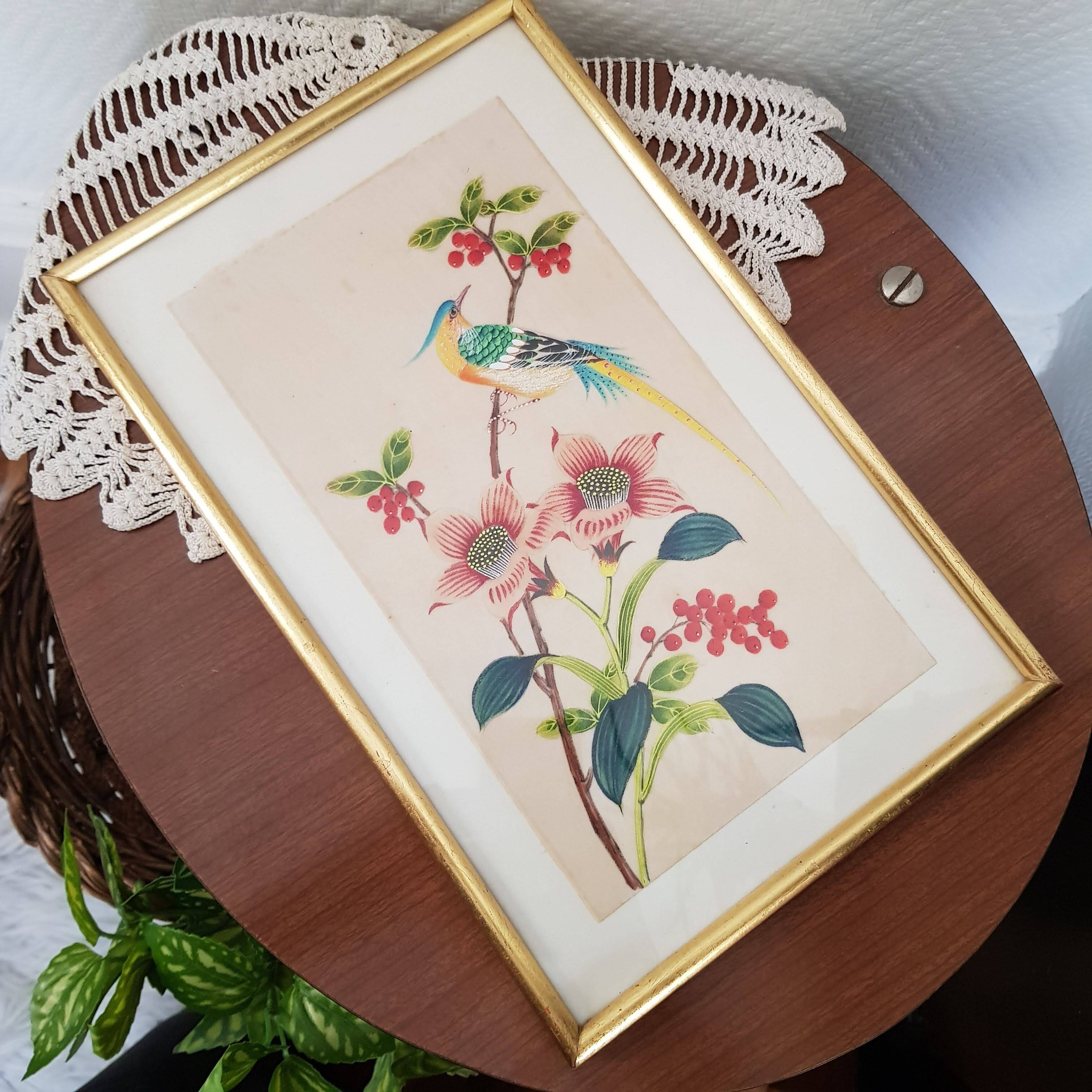 Japanese print on paper drawing of bird and flowers