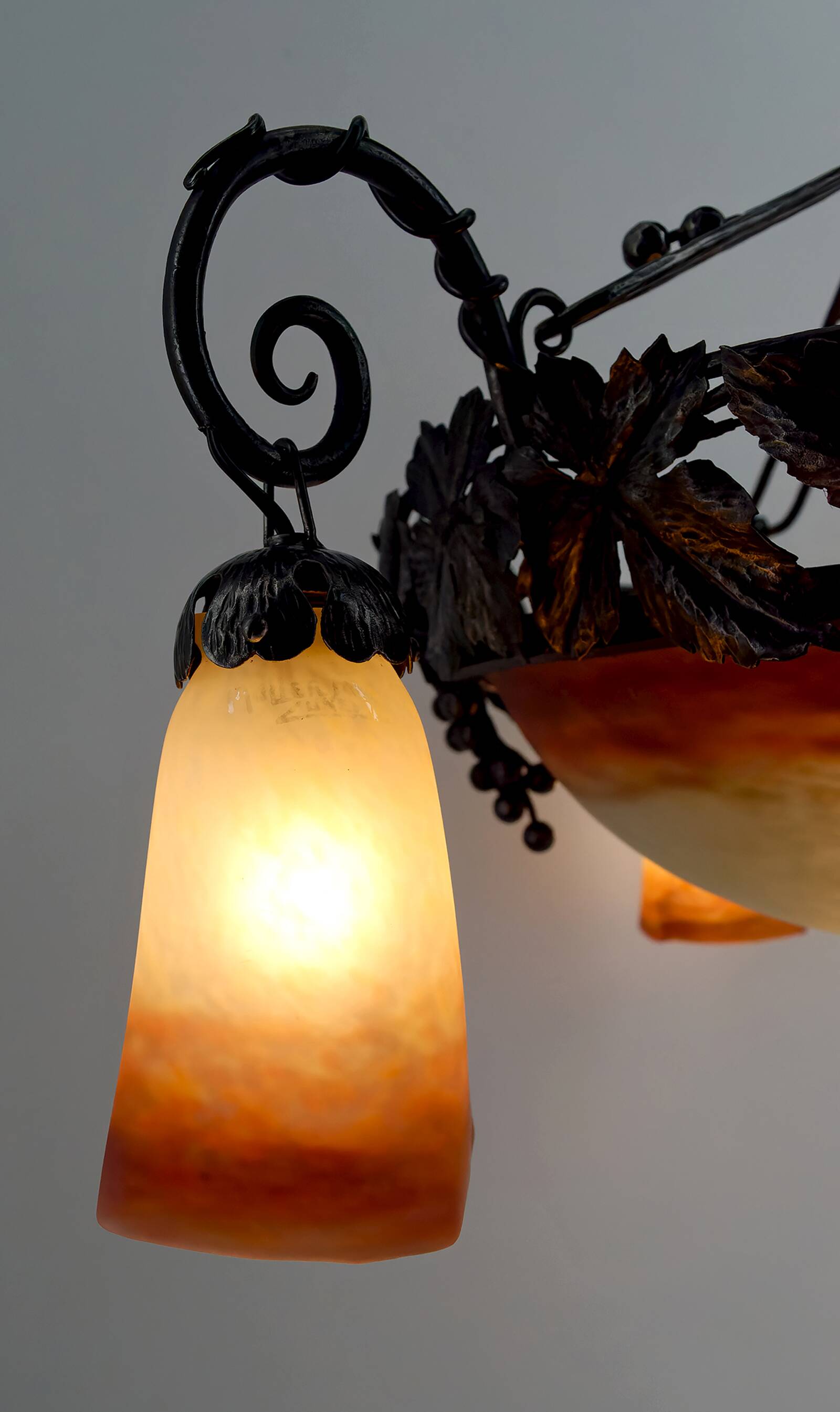 Wrought iron and glass paste chandelier, Art Deco, Muller Freres, Circa 1920