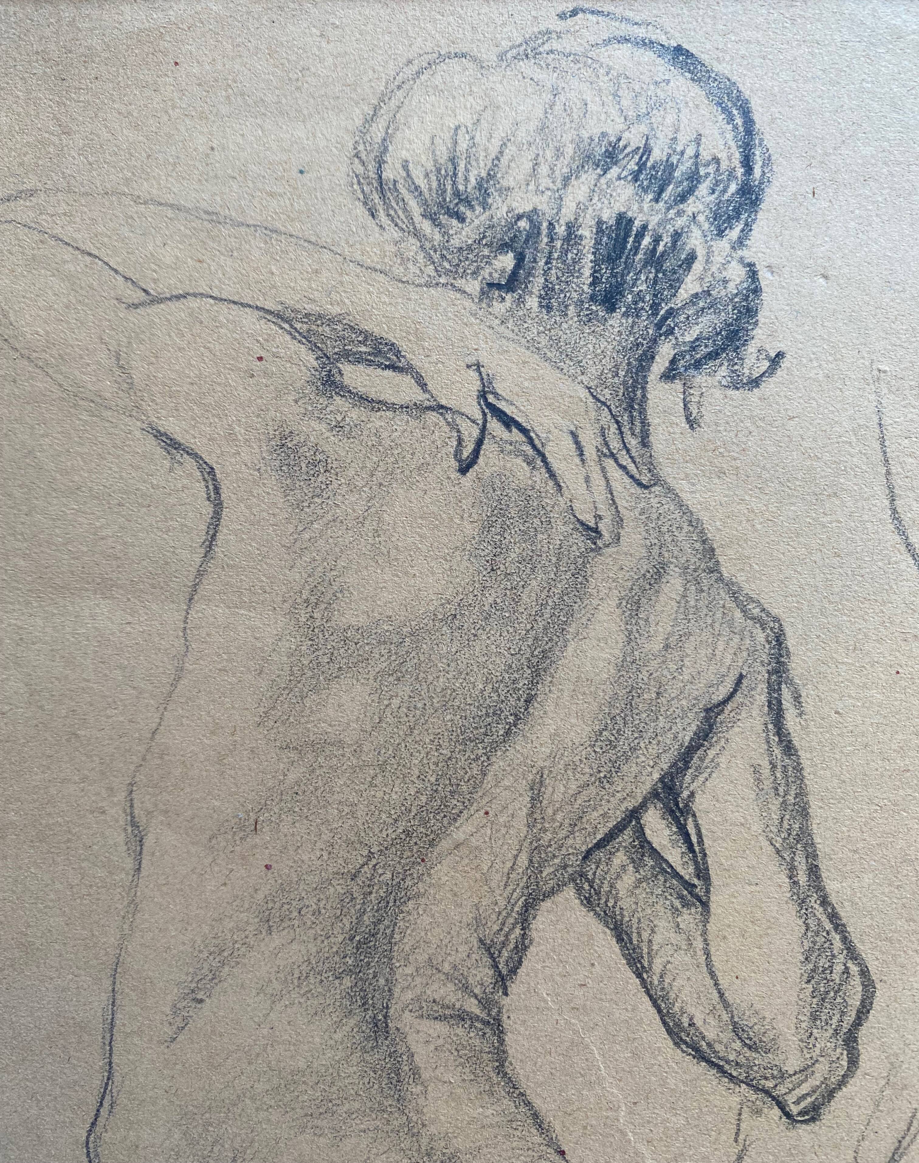Painting old drawing "Study of woman's nude" around 1900 with frame