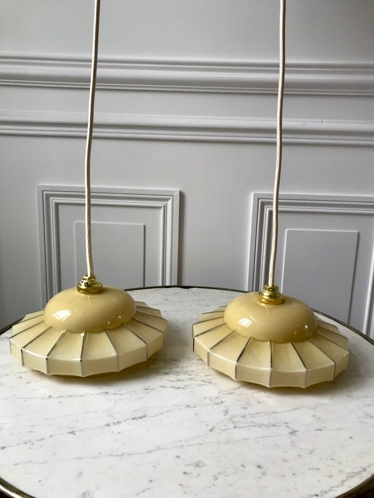Pair of suspensions in opaline glass cream and silver border art deco 30s