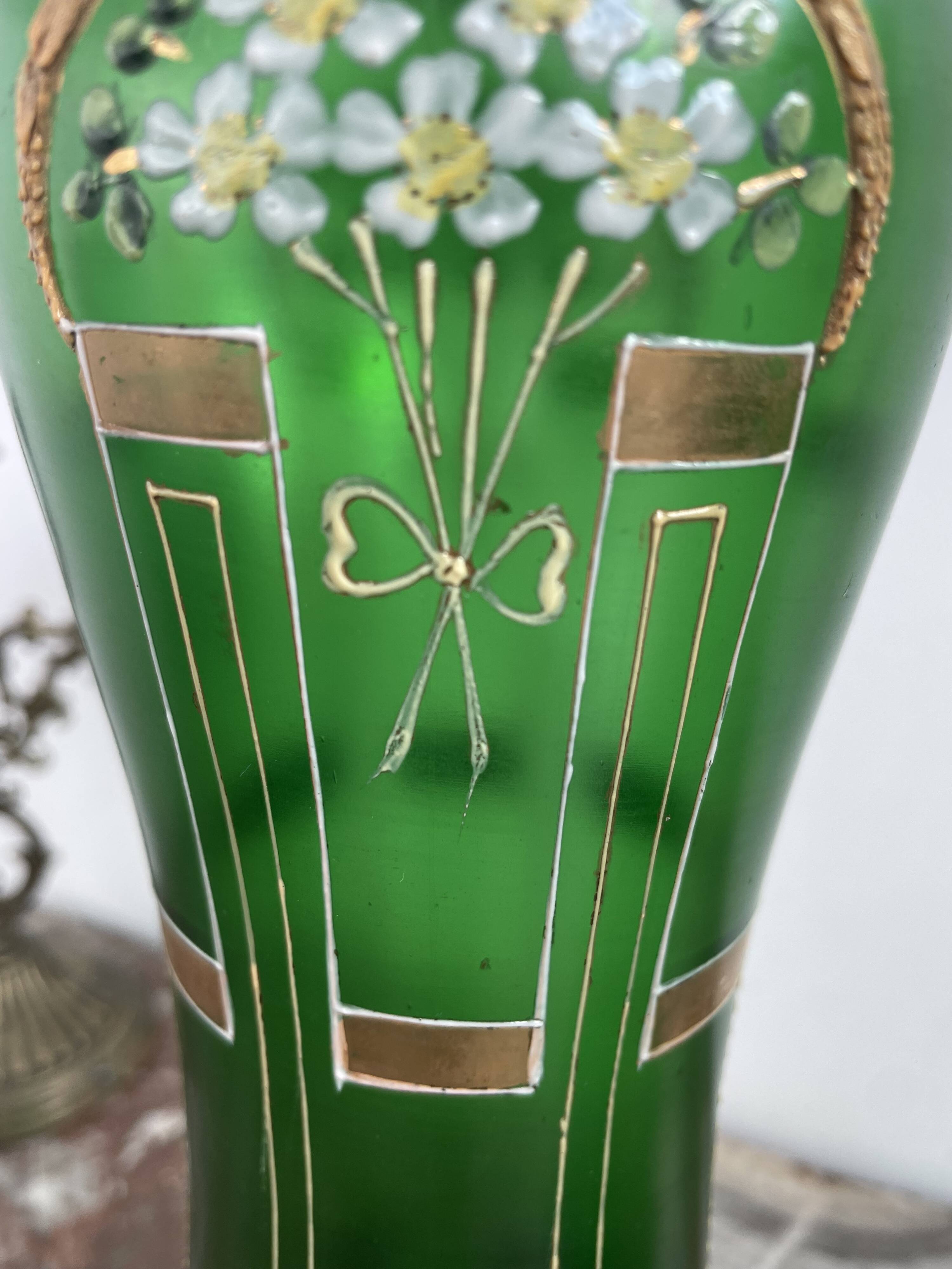 Antique, pair, green vases, flower decoration, golden, ART DECO, daisies, knot, hand painted