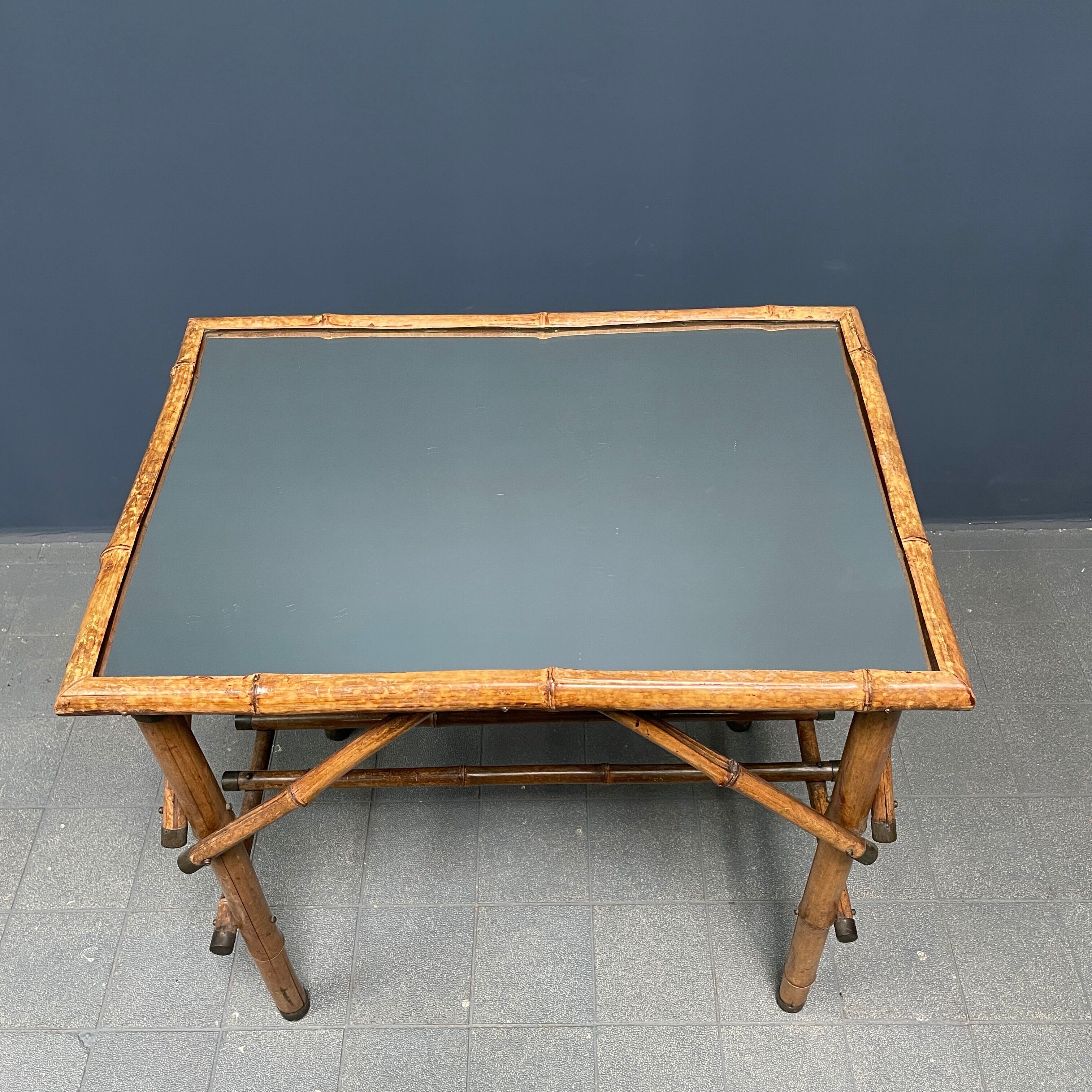 Bamboo side table with mirror top from France, 1940s