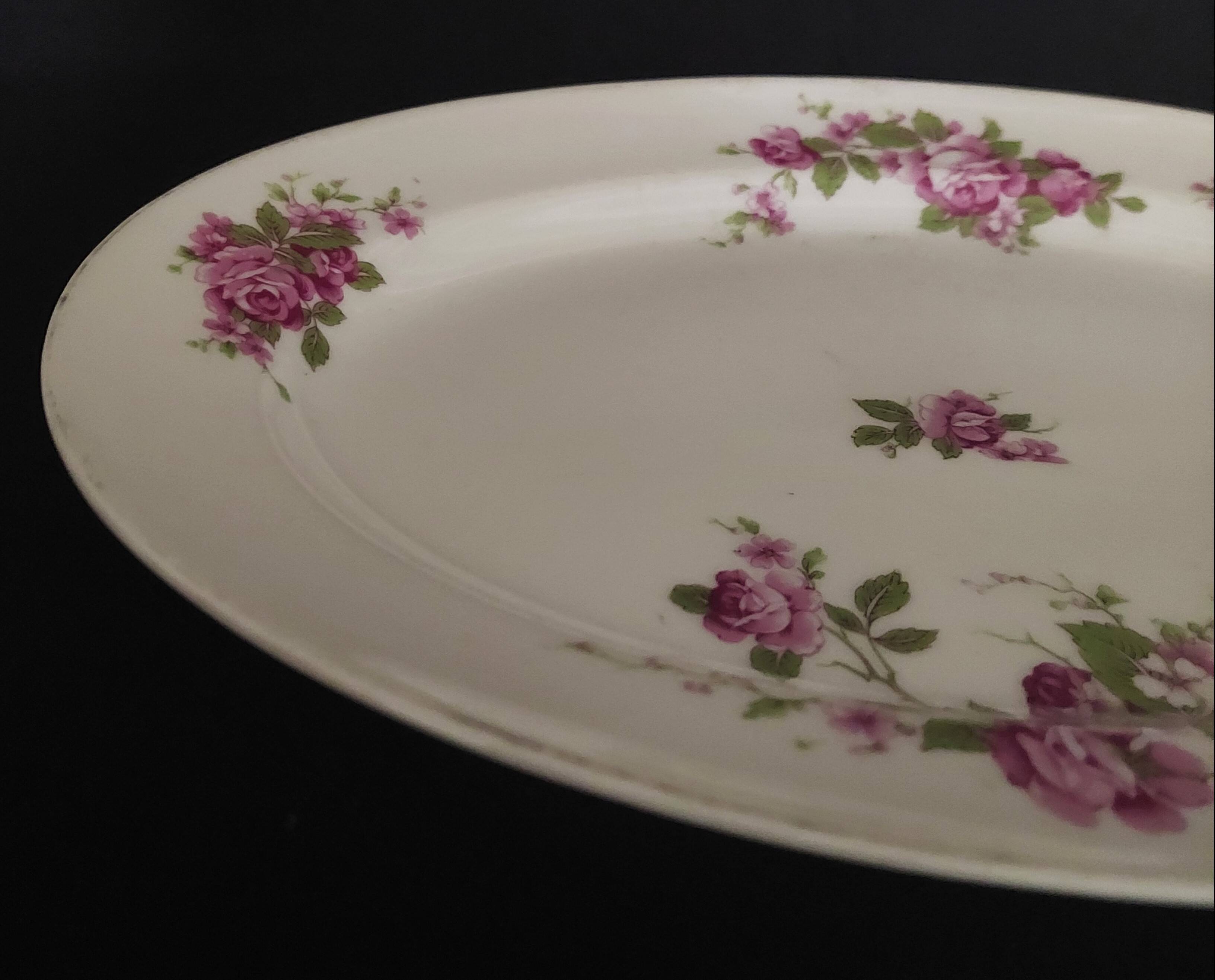 Oval porcelain serving dish decorated with roses MF Limoges