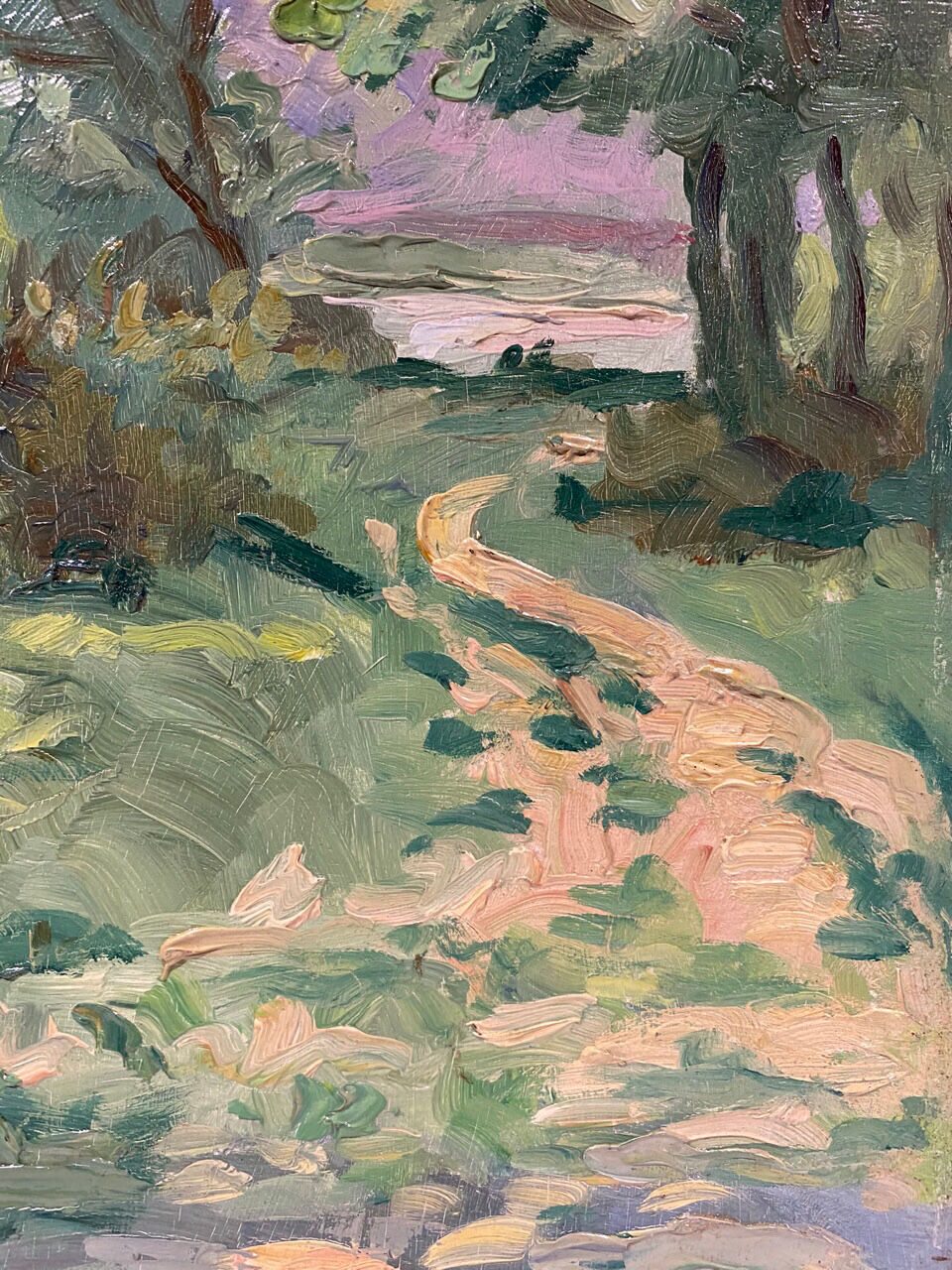 Tableau ancien, paysage, bord de rivière, années 50/60