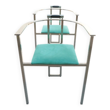 Pair of Memphis style Belgo Chrom chairs, steel and green velvet, 1980s