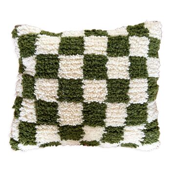 Coussin en laine à damiers vert kaki et blanc