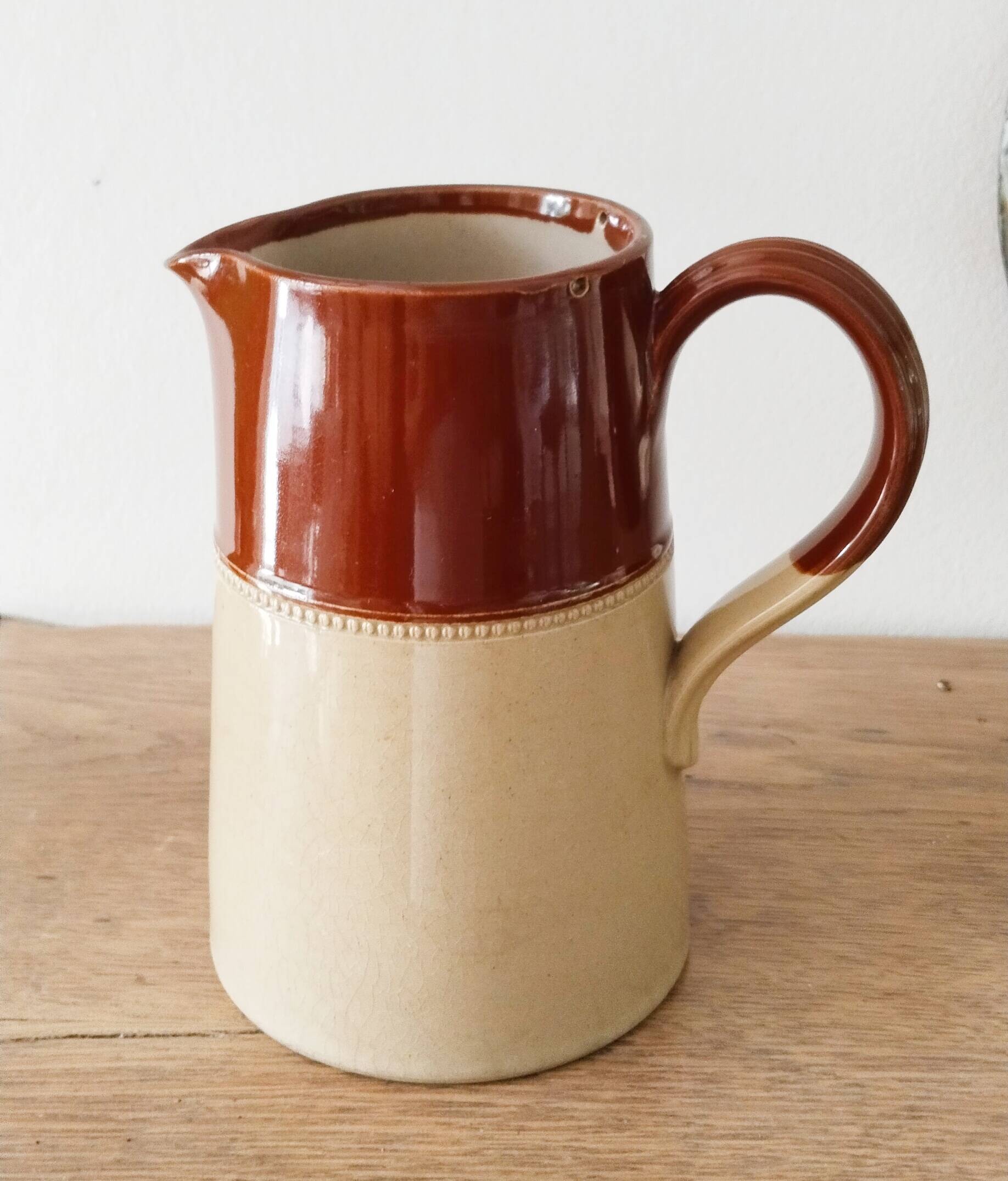 Beige earthenware pitcher, 19th century English pitcher, Lovatt Langley