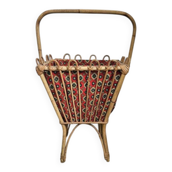 Travailleuse vintage en rotin avec tissu rouge – années 60/70