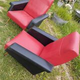 Pair of vintage 60s armchairs – Red and black faux leather