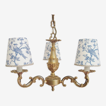 Vintage brass chandelier with three handmade lampshades in toile de Jouy