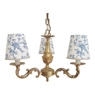 Vintage brass chandelier with three handmade lampshades in toile de Jouy