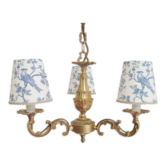 Lustre en laiton vintage avec trois abat-jours fait main en toile de Jouy