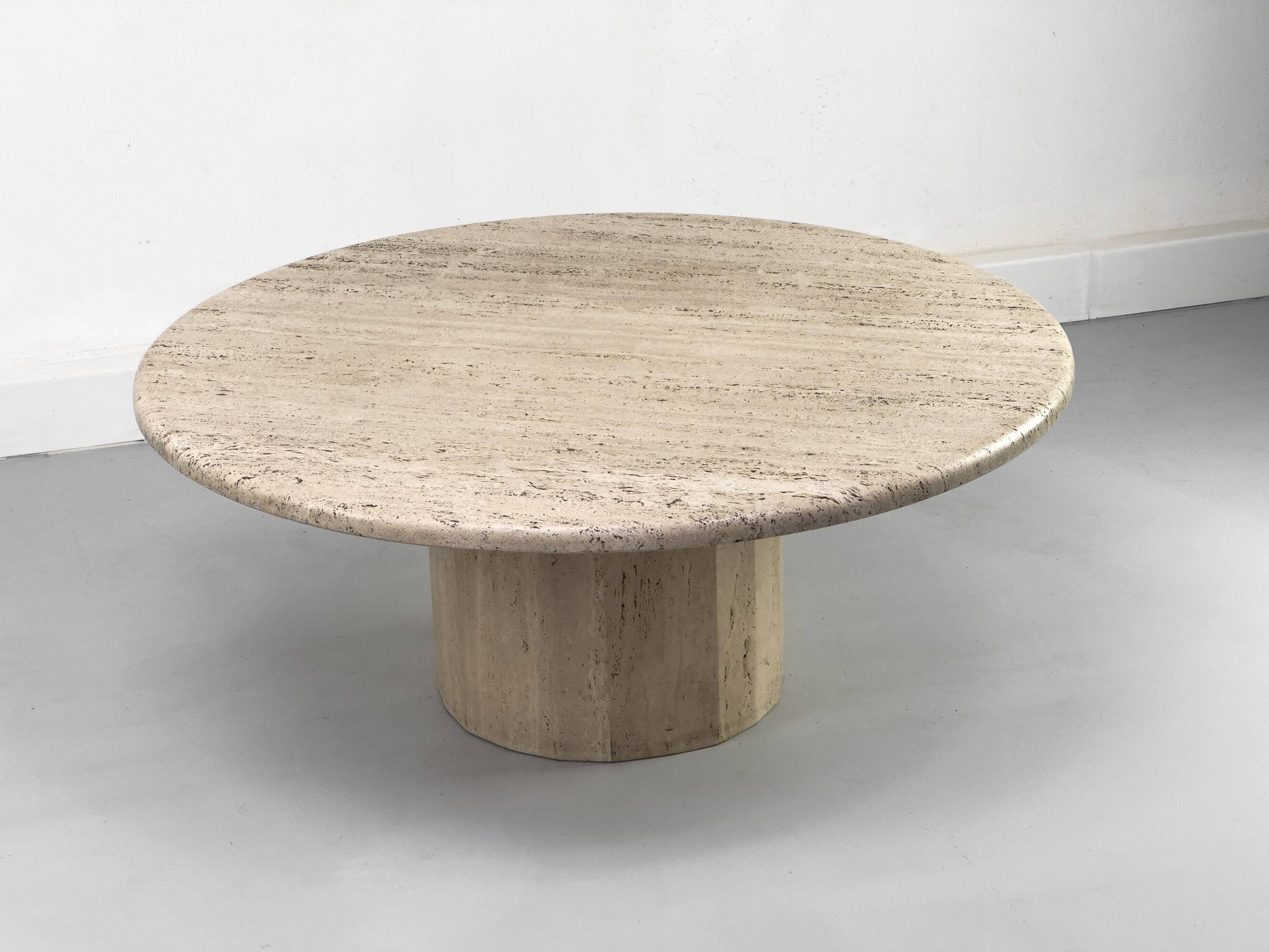 Table basse circulaire vintage en travertin, années 1970
