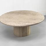 Table basse circulaire vintage en travertin, années 1970