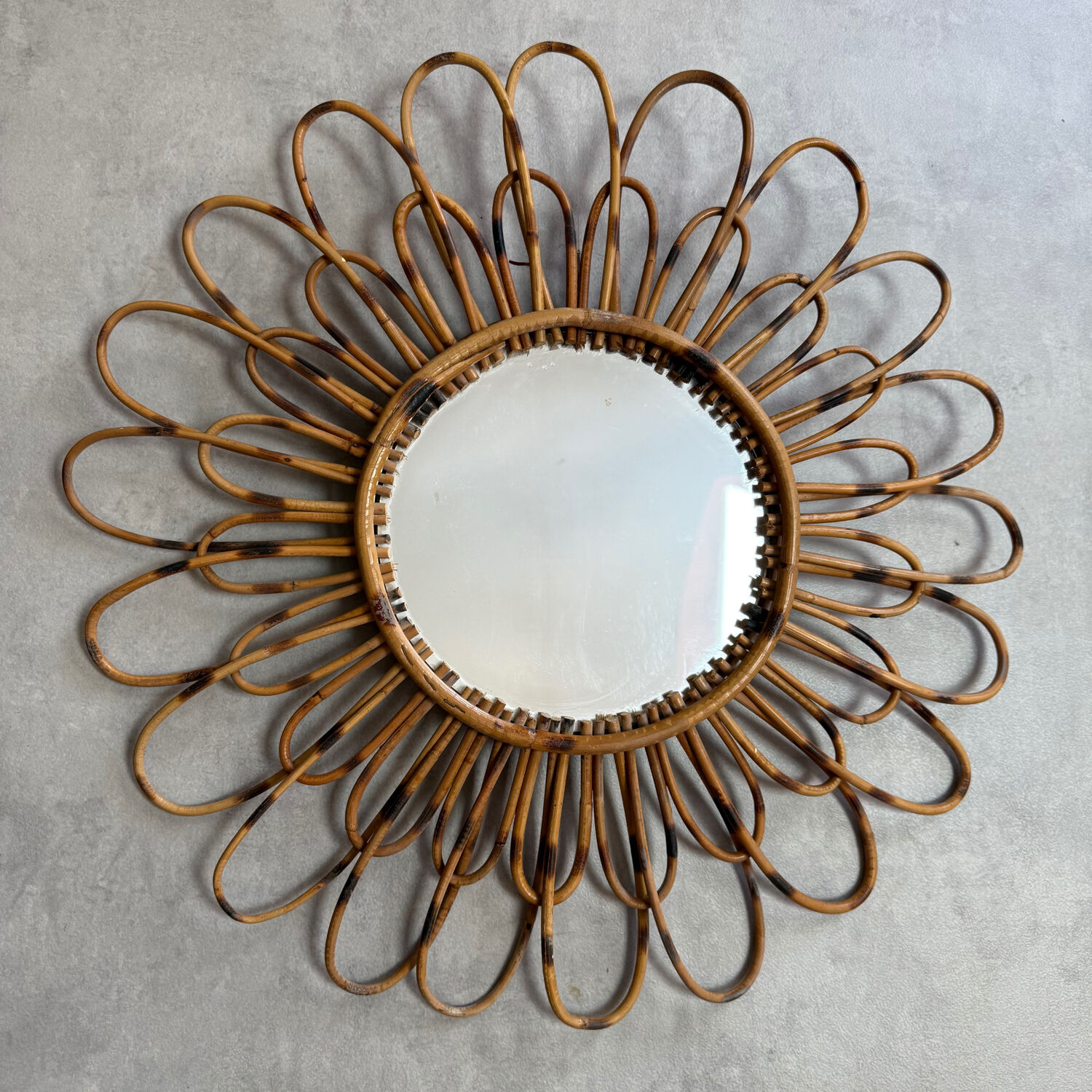 1950s French rattan sun mirror