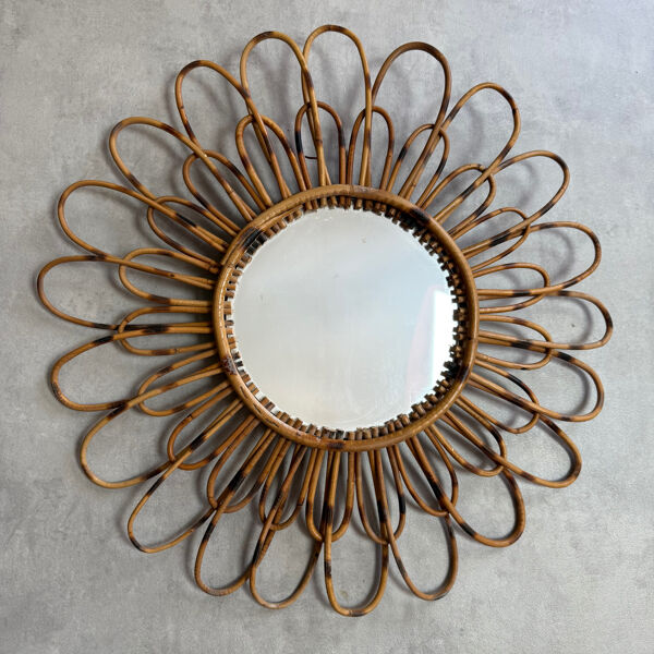 Miroir soleil en rotin, France années 50