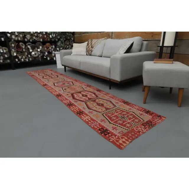 1970s Vintage Turkish Oushak Handmade Wool Cotton Red Runner Rug 70x354