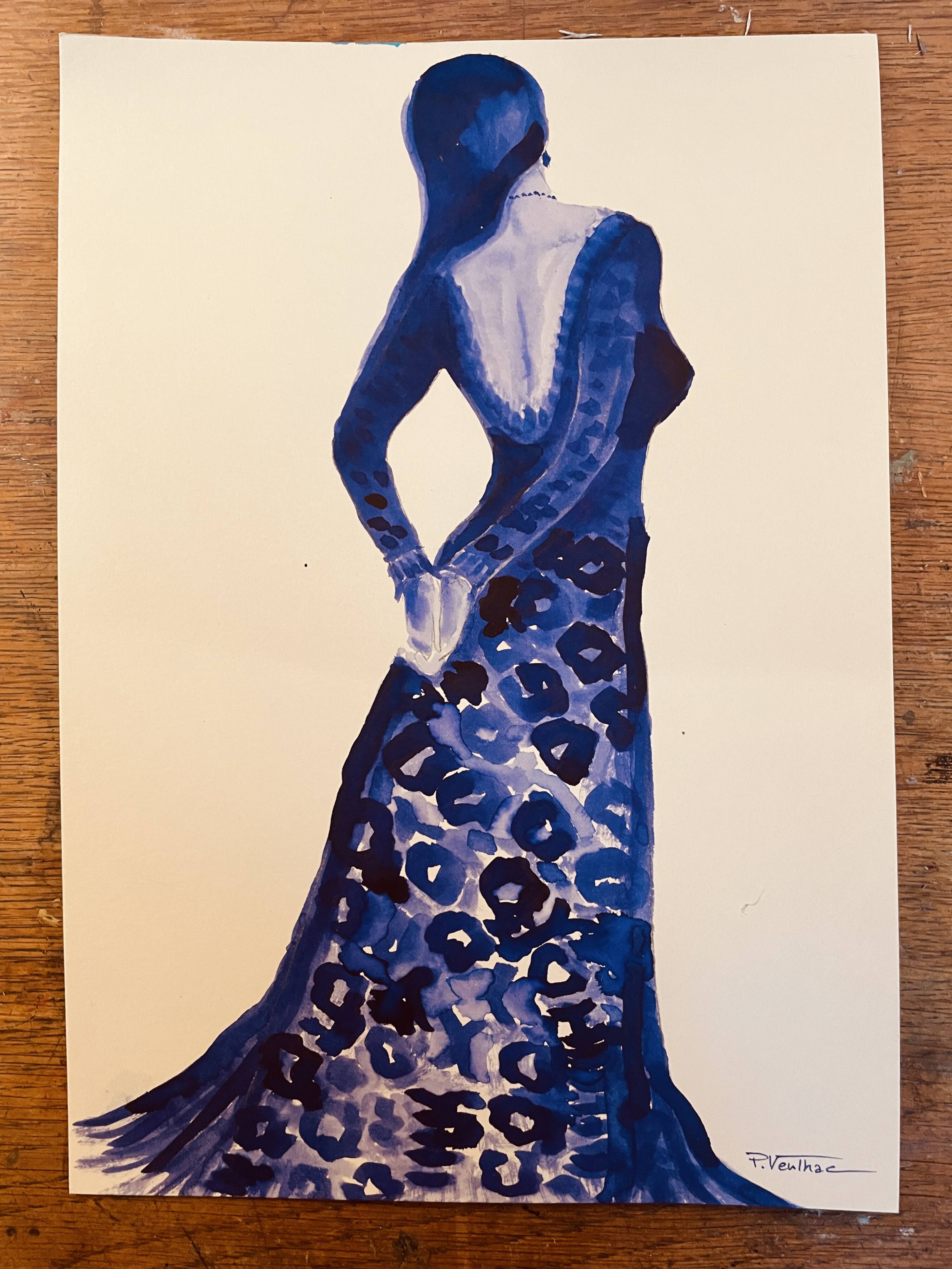 Monochrome indigo watercolour portrait of a woman "the indigo dress"