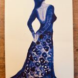 Monochrome indigo watercolour portrait of a woman "the indigo dress"