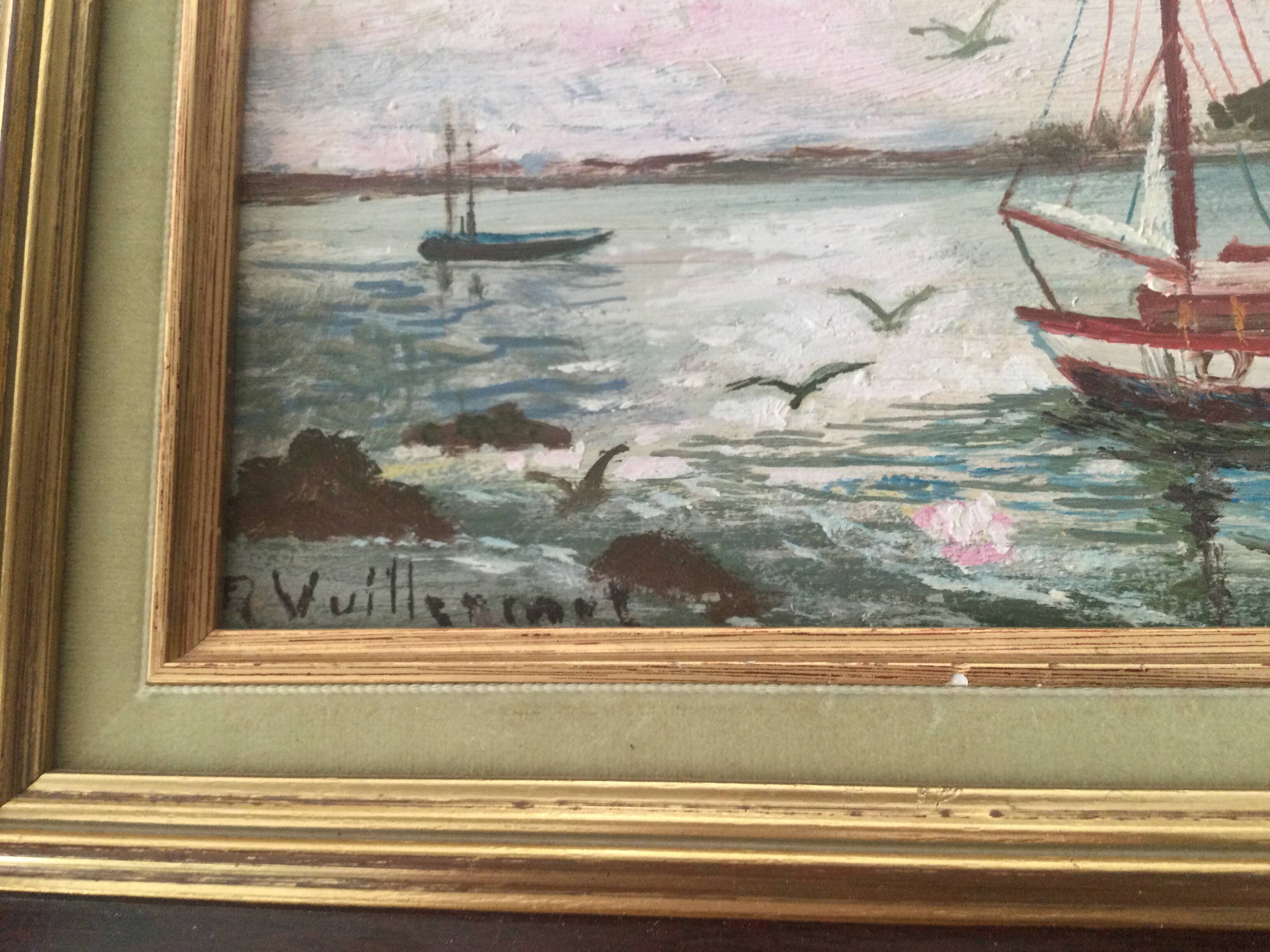 Marine on wood signed reine vuillermet