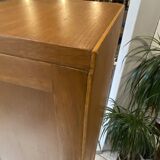 1950s oak office storage cabinet with curtains.