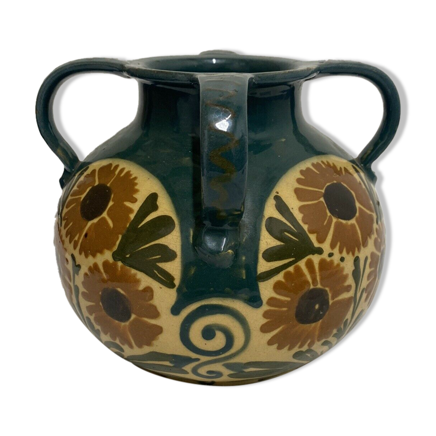 Vase Elchinger ceramic 4 detached handles polychrome floral decoration