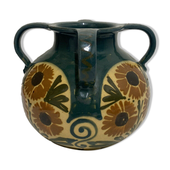 Vase Elchinger en céramique 4 anses détachées décor floral polychrome