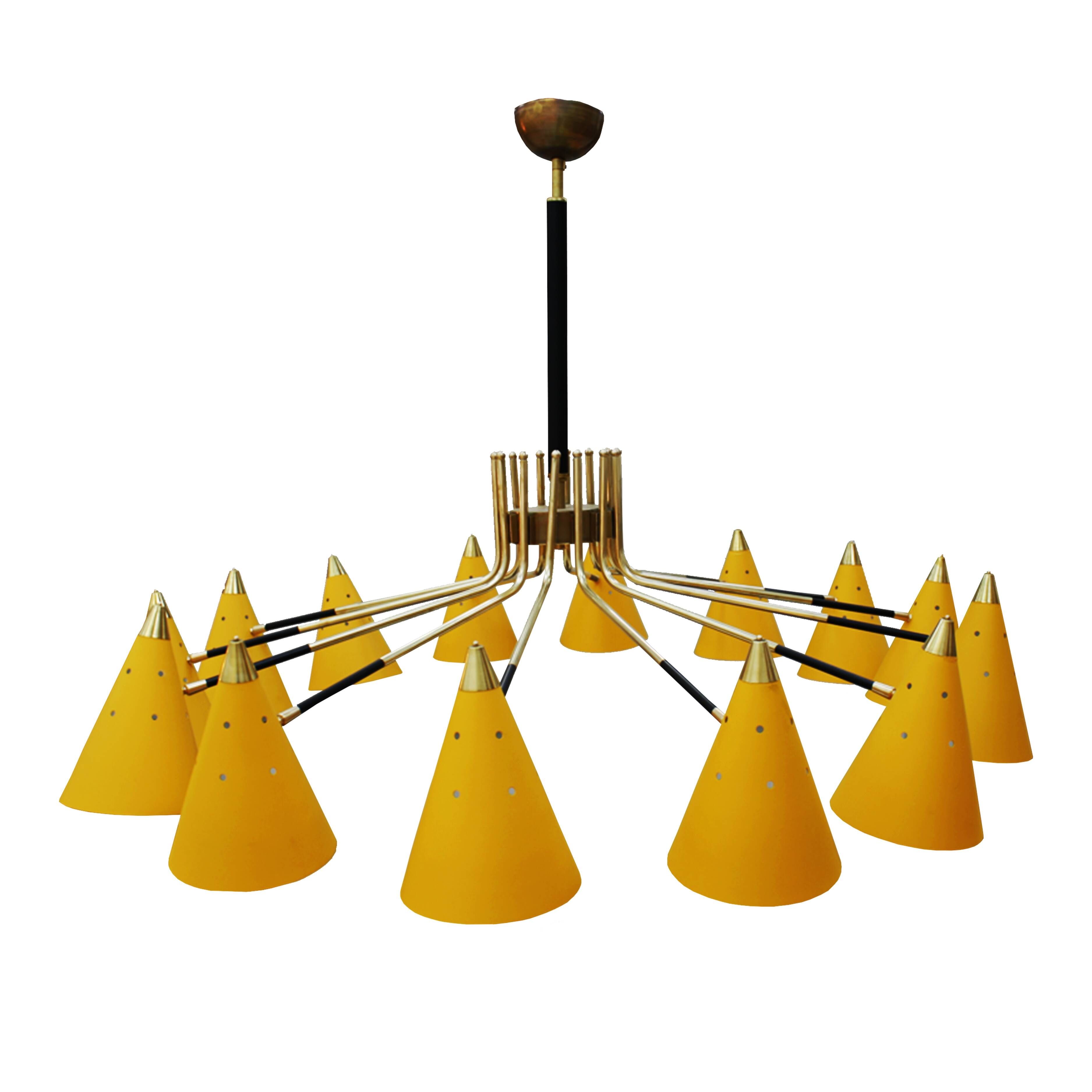 Mid-Century Modern Italian Yellow Lacquered Metal and Brass Pendant Lamp