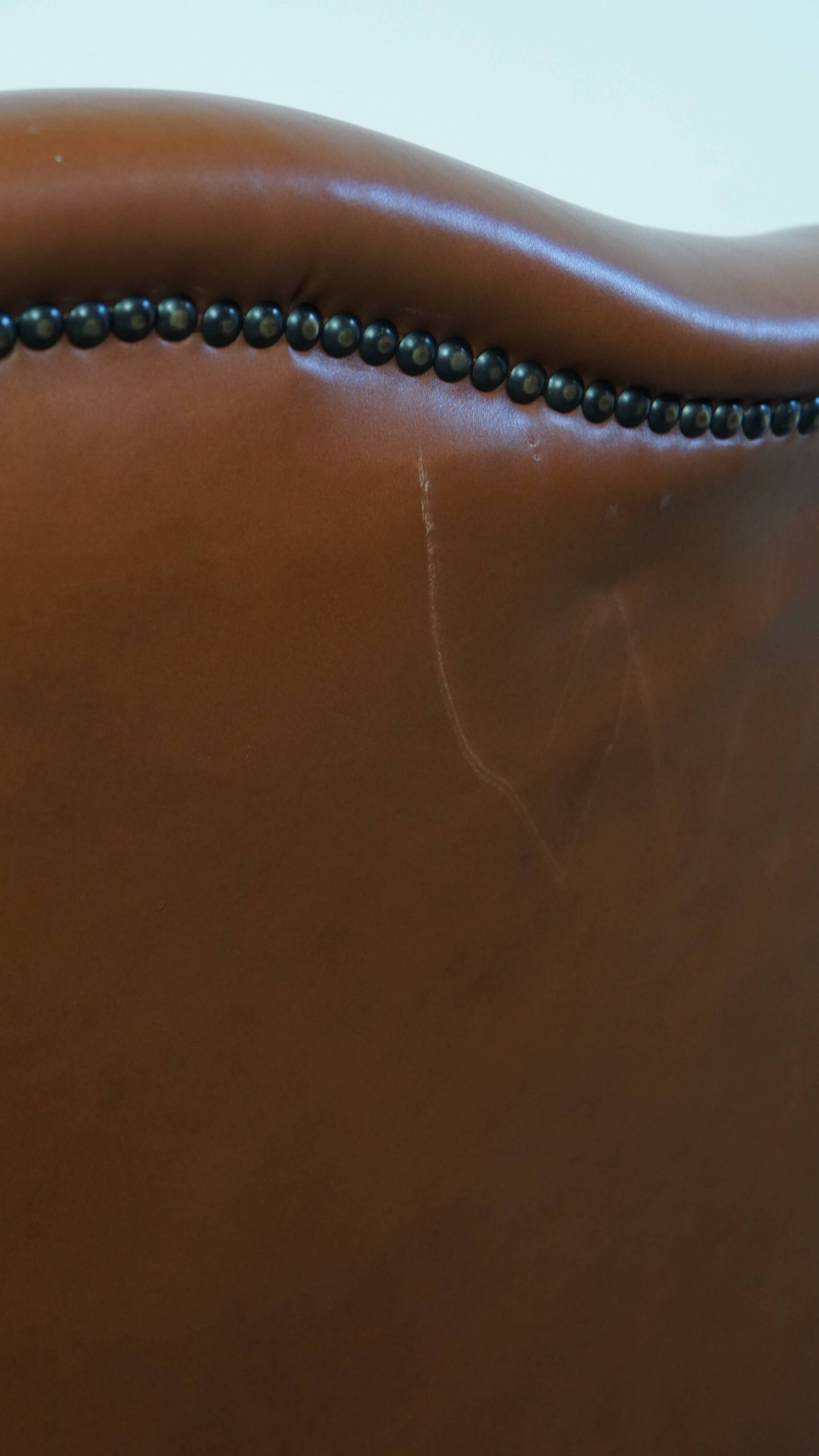 Cognac-Colored Cowhide Leather Wingback Chair in English Style