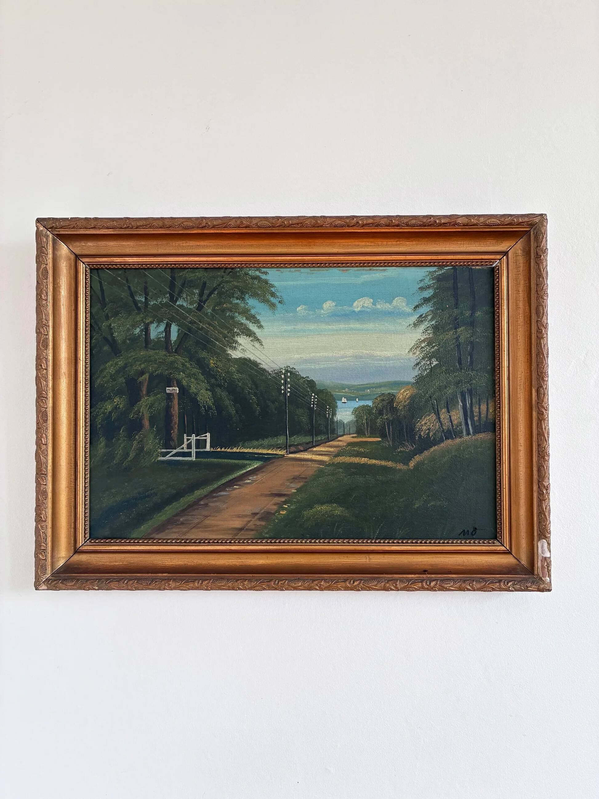 Vintage original coastal landscape oil painting, signed seaside art