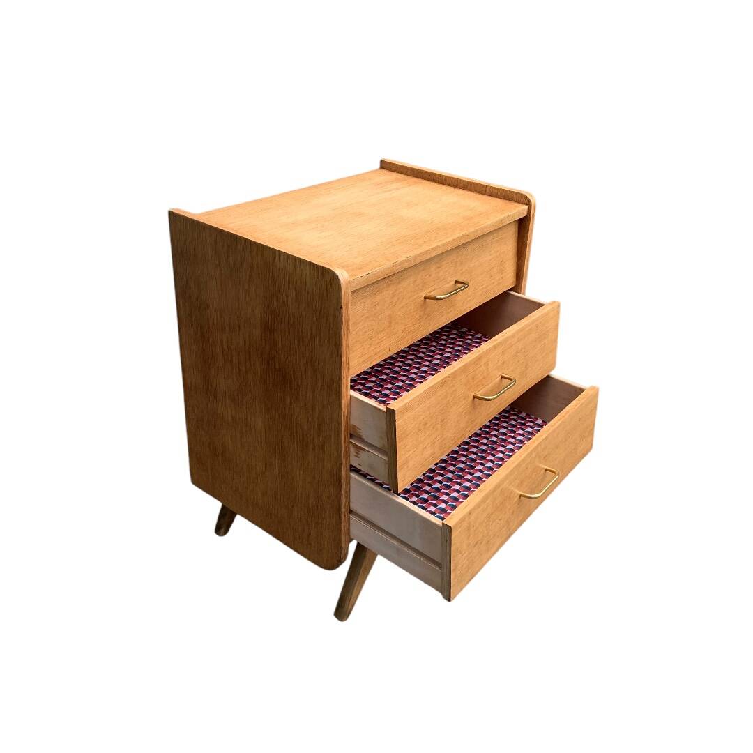 Vintage chest of drawers with compass feet, raw oak, 1960