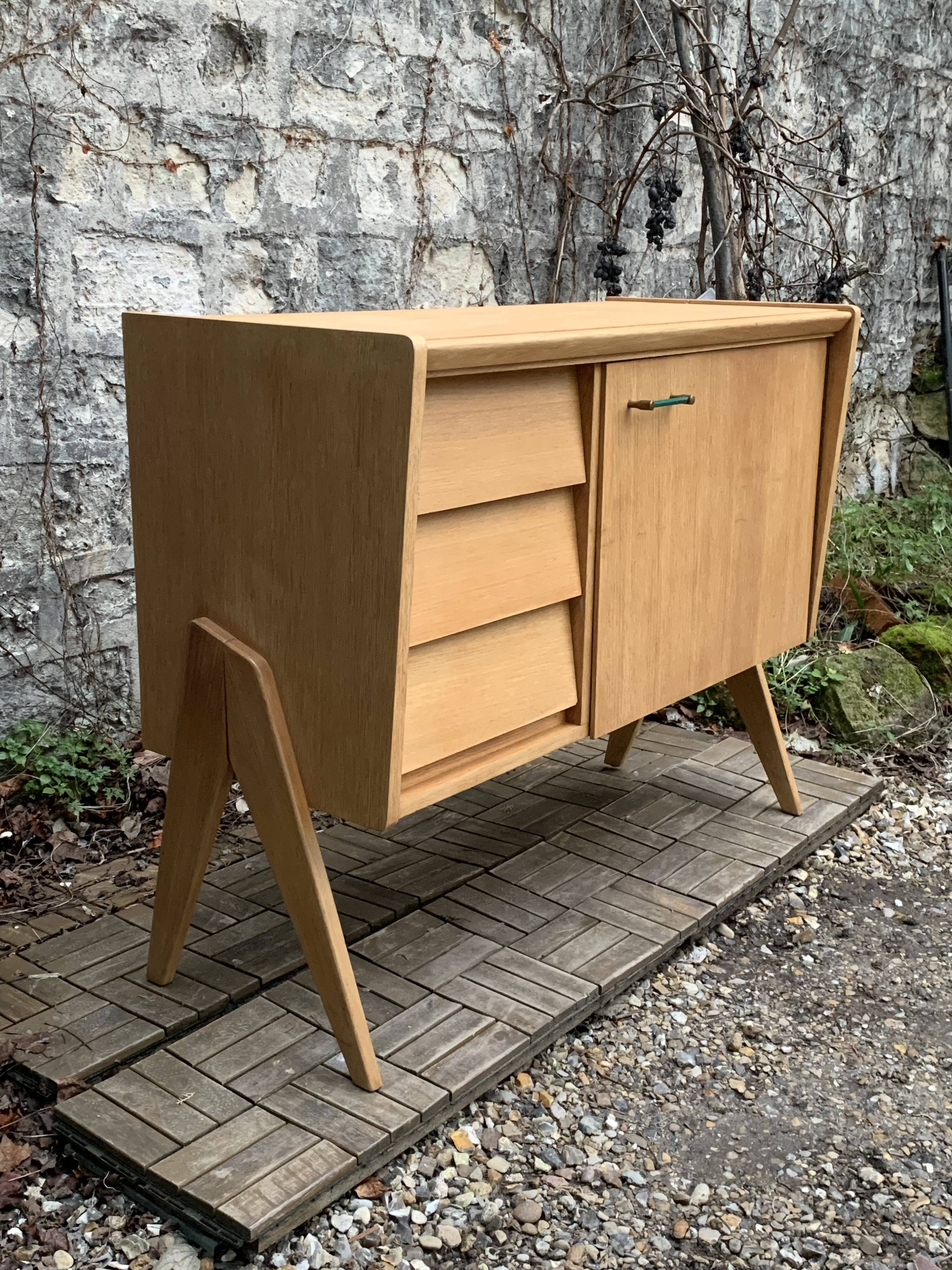 Vintage chest of drawers with compass legs, light oak, 1960s