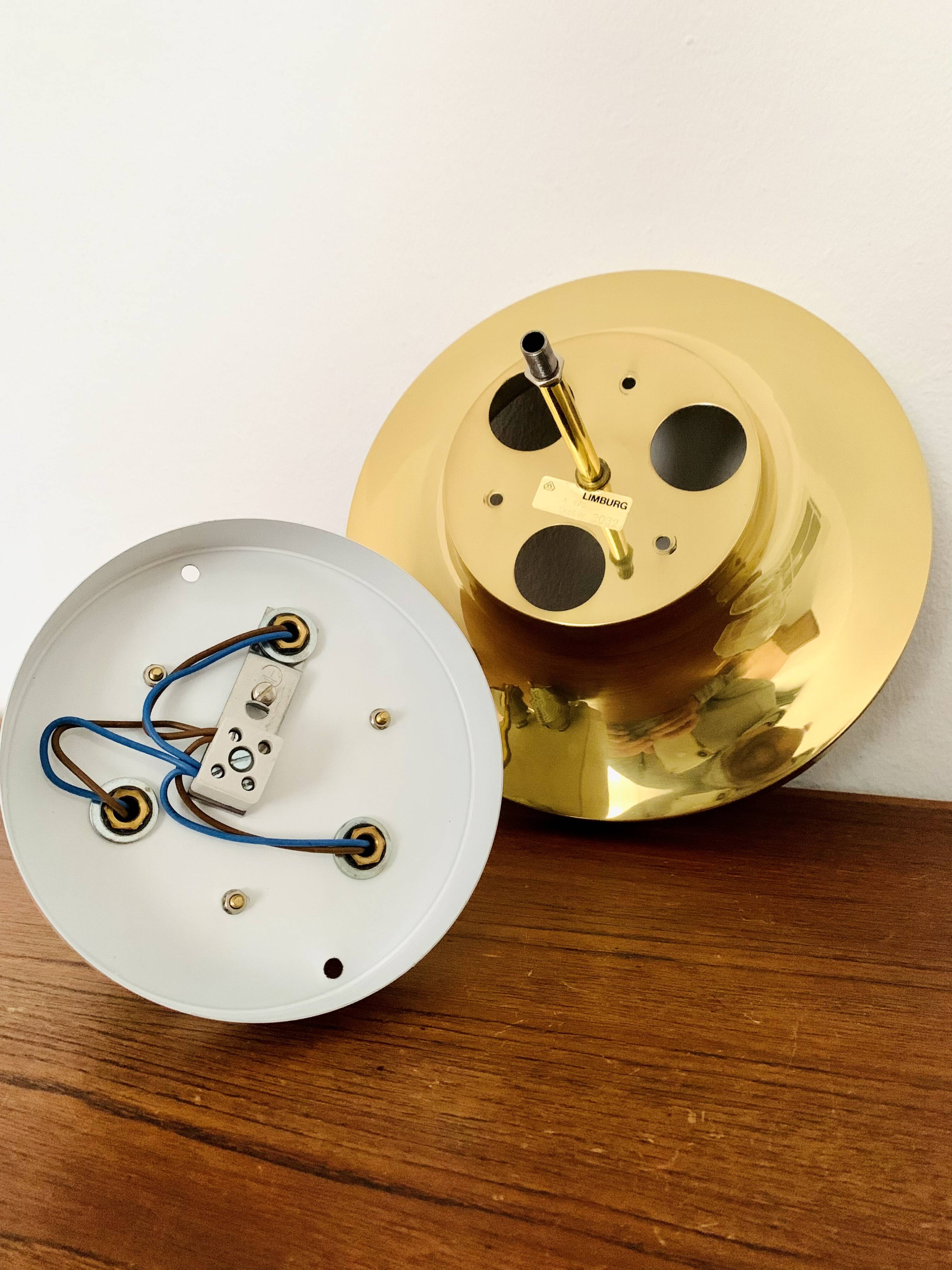 1 of 2 Large Brass and Floral Ice Glass Flush Light by Glashütte Limburg