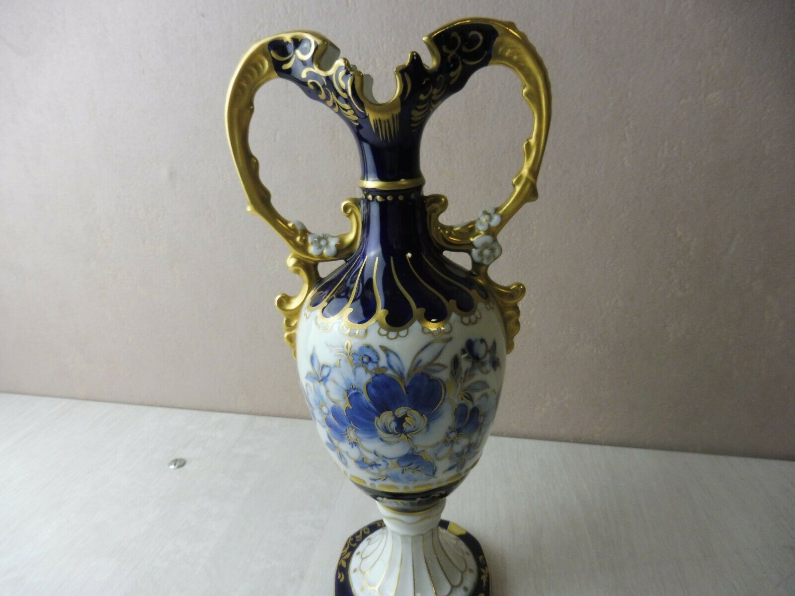Ancient vase / amphora, blue flowers decoration, Royal Dux, Czechoslovakia Bohemia