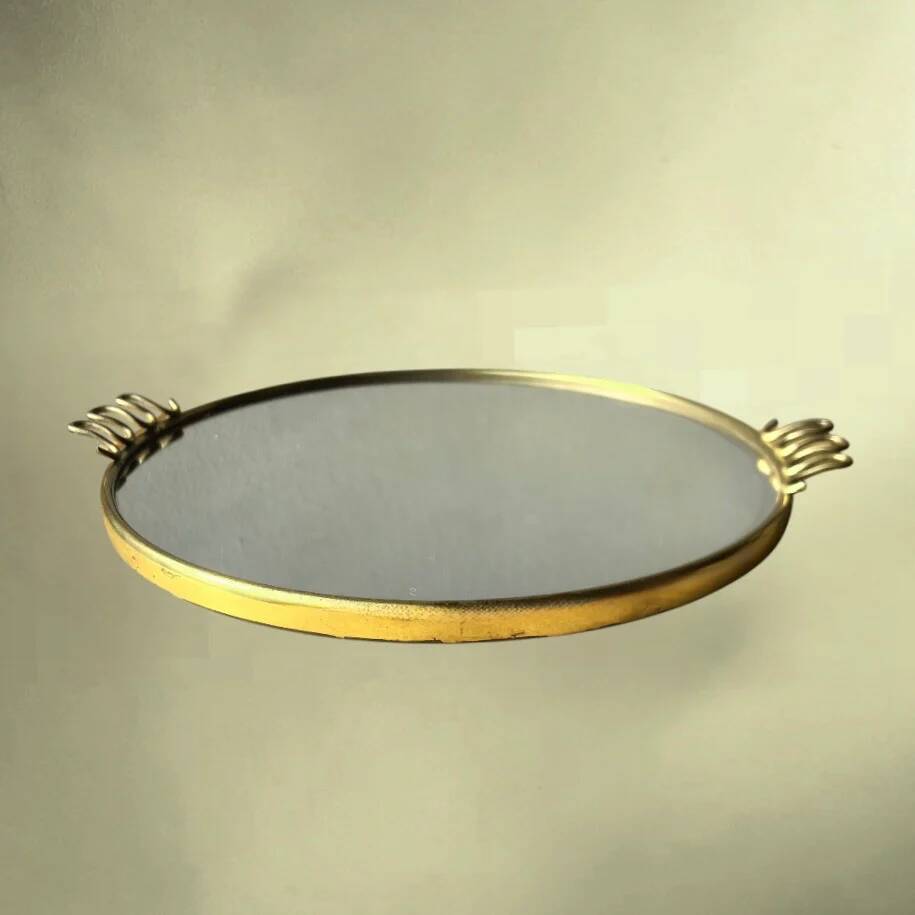 Plateau miroir rond en métal doré style Josef Frank - années 50 60