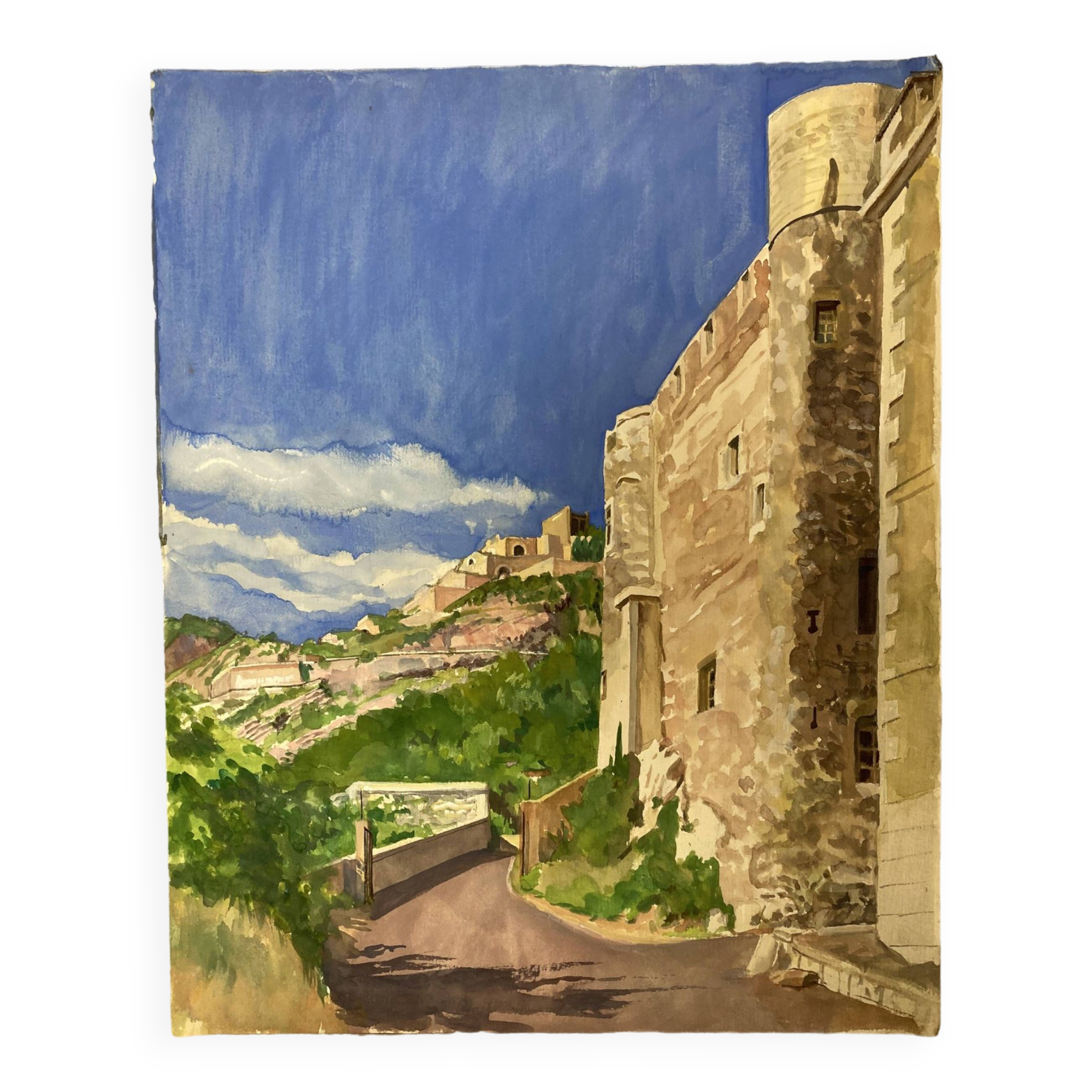 Watercolor Provencal landscape with fortified ramparts