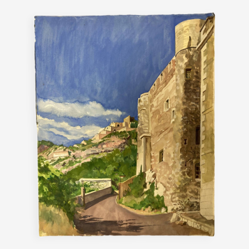 Watercolor Provencal landscape with fortified ramparts