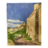 Watercolor Provencal landscape with fortified ramparts