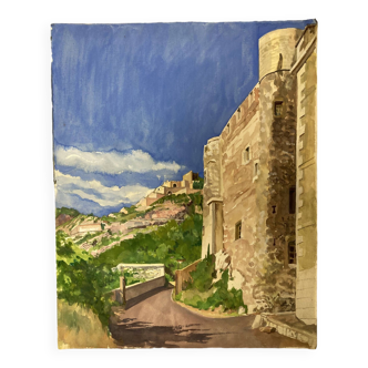 Aquarelle Paysage provençal aux remparts fortifiés